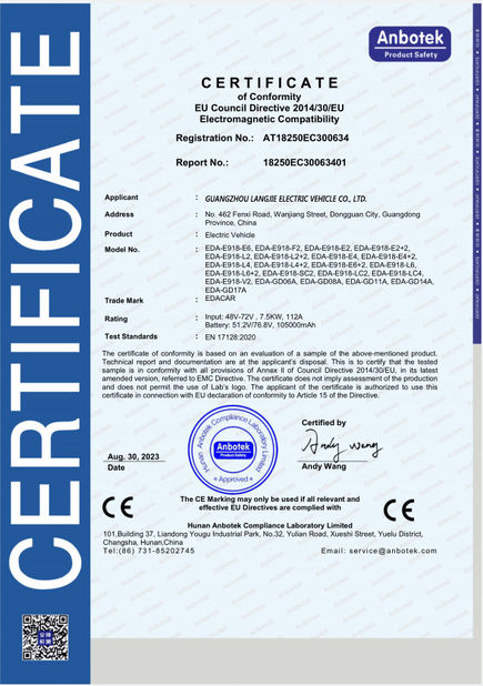 چین Guangzhou Langjie Electric Vehicle Co., Ltd. گواهینامه ها